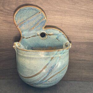 Studio Art Pottery Signed Handmade Blue Ceramic Freeform Hanging Wall Pocket